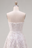 Floral White Lace Strapless A-Line Short Homecoming Dress with Bow