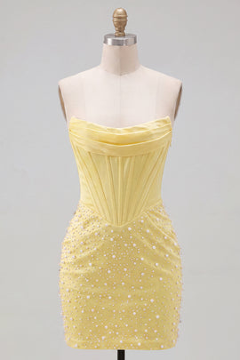 Yellow Beaded Strapless Corset Tight Short Homecoming Dress