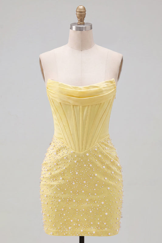 Yellow Beaded Strapless Corset Tight Short Homecoming Dress