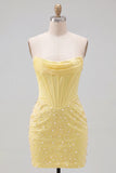 Yellow Beaded Strapless Corset Tight Short Homecoming Dress