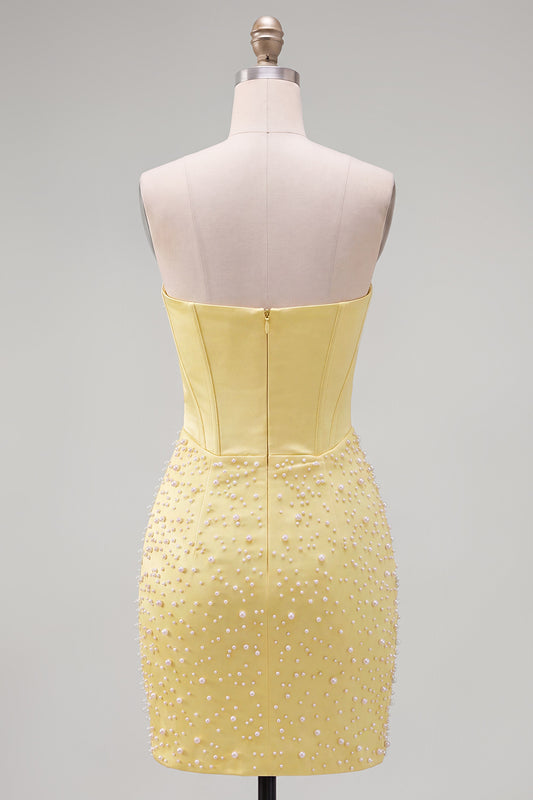 Yellow Beaded Strapless Corset Tight Short Homecoming Dress