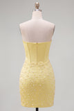 Yellow Beaded Strapless Corset Tight Short Homecoming Dress