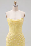Yellow Beaded Strapless Corset Tight Short Homecoming Dress