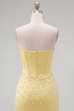 Yellow Beaded Strapless Corset Tight Short Homecoming Dress