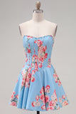 Floral Yellow Satin Strapless A-Line Short Corset Homecoming Dress