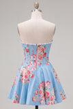 Floral Yellow Satin Strapless A-Line Short Corset Homecoming Dress