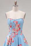 Floral Yellow Satin Strapless A-Line Short Corset Homecoming Dress