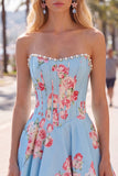 Floral Yellow Satin Strapless A-Line Short Corset Homecoming Dress