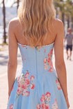 Floral Yellow Satin Strapless A-Line Short Corset Homecoming Dress