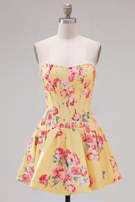 Floral Yellow Satin Strapless A-Line Short Corset Homecoming Dress