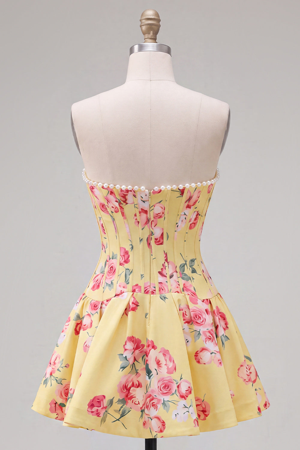 Floral Yellow Satin Strapless A-Line Short Corset Homecoming Dress