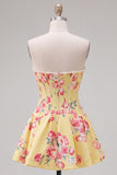Floral Yellow Satin Strapless A-Line Short Corset Homecoming Dress