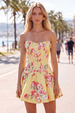 Floral Yellow Satin Strapless A-Line Short Corset Homecoming Dress