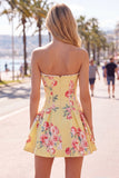 Floral Yellow Satin Strapless A-Line Short Corset Homecoming Dress