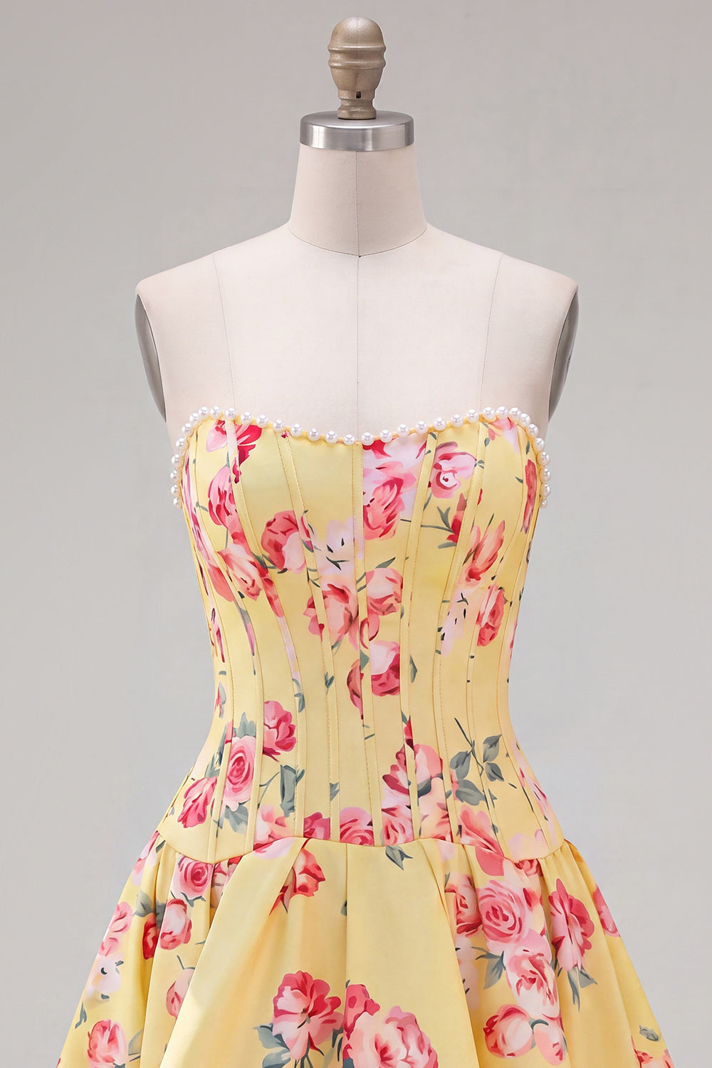 Floral Yellow Satin Strapless A-Line Short Corset Homecoming Dress