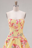 Floral Yellow Satin Strapless A-Line Short Corset Homecoming Dress
