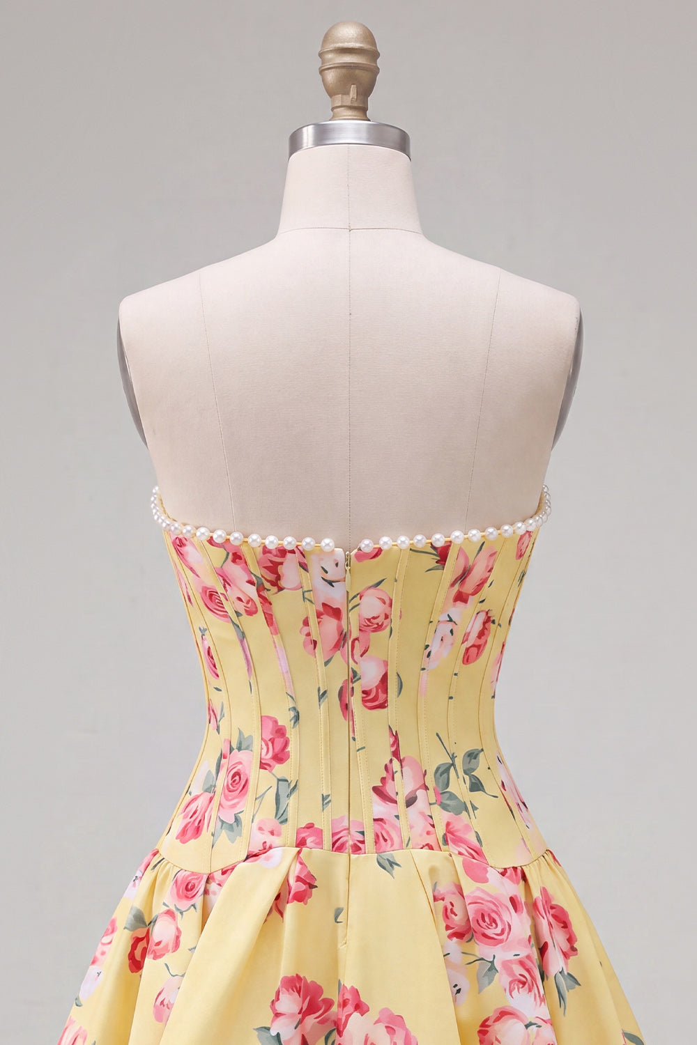 Floral Yellow Satin Strapless A-Line Short Corset Homecoming Dress