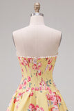 Floral Yellow Satin Strapless A-Line Short Corset Homecoming Dress