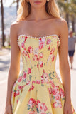 Floral Yellow Satin Strapless A-Line Short Corset Homecoming Dress