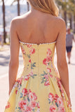 Floral Yellow Satin Strapless A-Line Short Corset Homecoming Dress