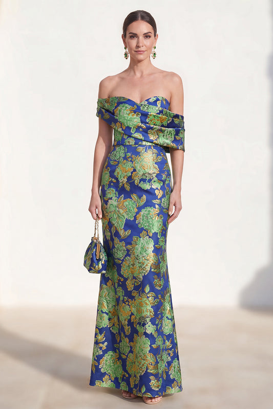 Floral Navy Green Mermaid Long Mother of the Bride Dress