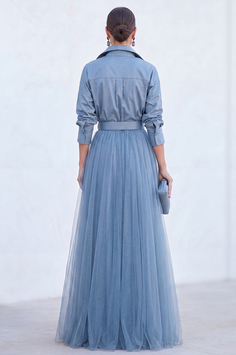 Grey Blue Tulle A Line Long Sleeves Mother of the Bride Dress with Belt