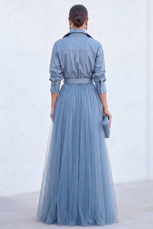 Grey Blue Tulle A Line Long Sleeves Mother of the Bride Dress with Belt