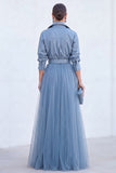 Grey Blue Tulle A Line Long Sleeves Mother of the Bride Dress with Belt
