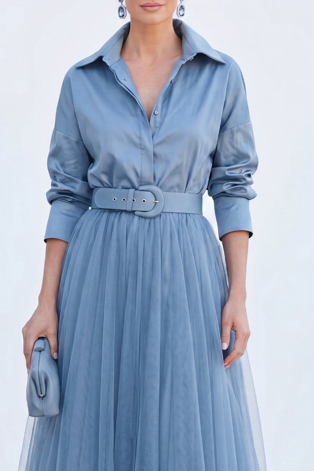 Grey Blue Tulle A Line Long Sleeves Mother of the Bride Dress with Belt