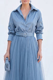 Grey Blue Tulle A Line Long Sleeves Mother of the Bride Dress with Belt