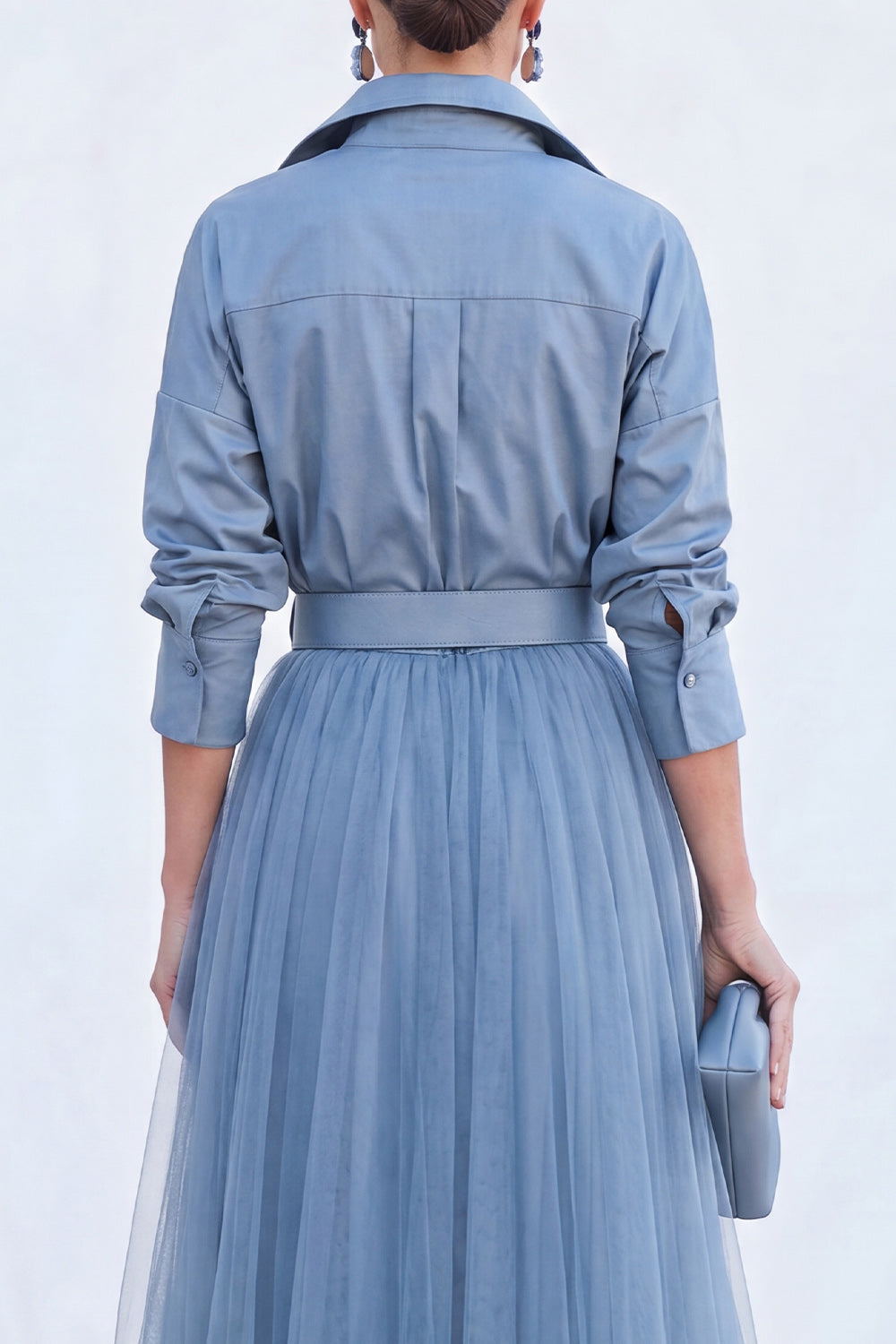 Grey Blue Tulle A Line Long Sleeves Mother of the Bride Dress with Belt