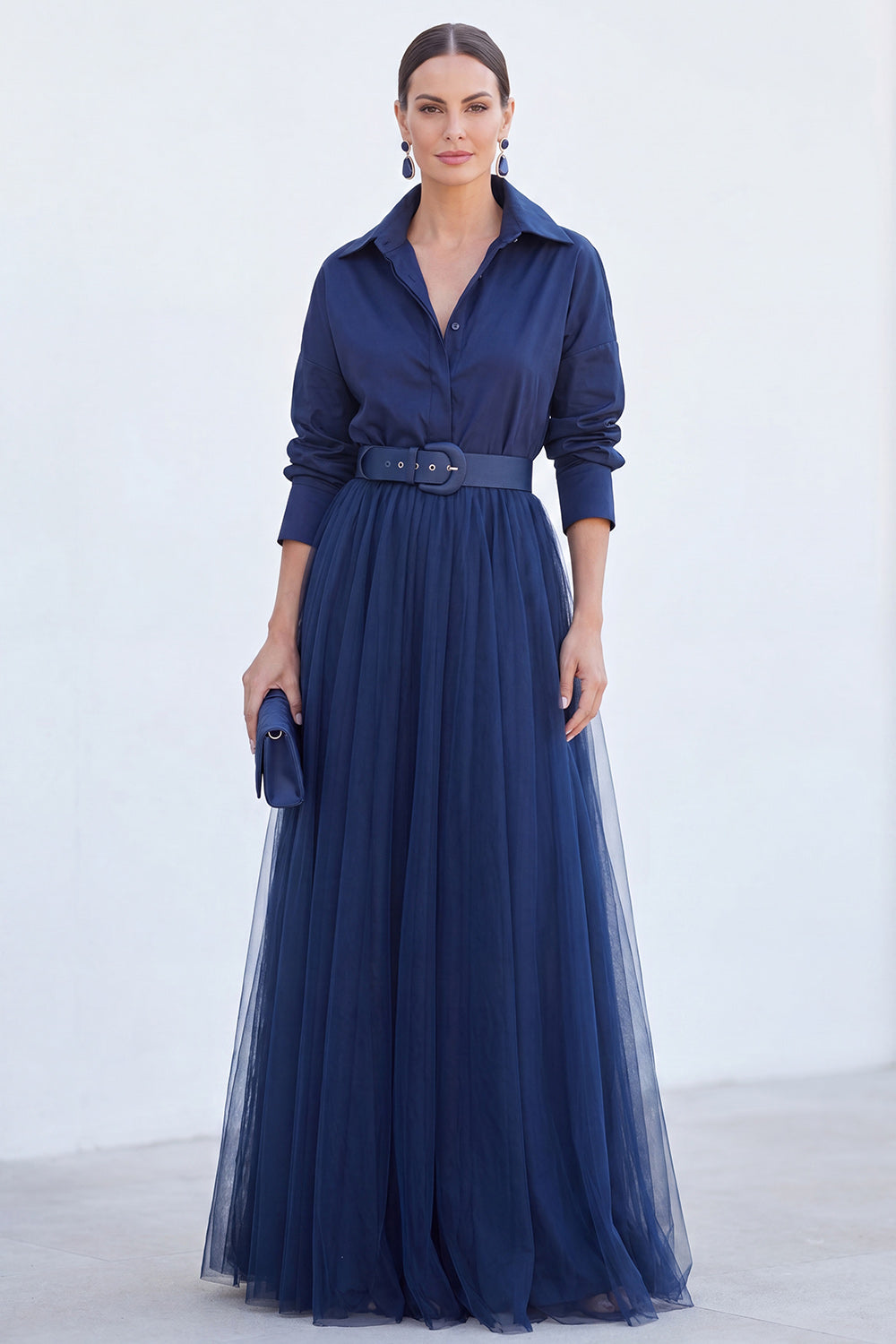Grey Blue Tulle A Line Long Sleeves Mother of the Bride Dress with Belt