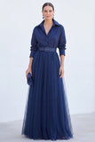 Grey Blue Tulle A Line Long Sleeves Mother of the Bride Dress with Belt