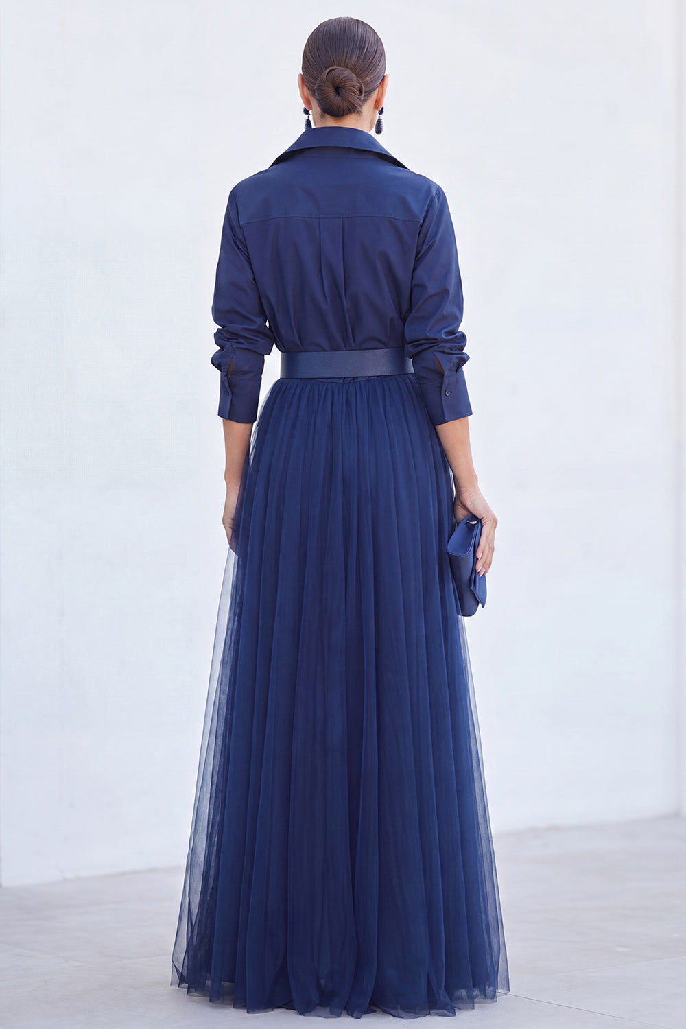Grey Blue Tulle A Line Long Sleeves Mother of the Bride Dress with Belt