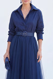 Grey Blue Tulle A Line Long Sleeves Mother of the Bride Dress with Belt