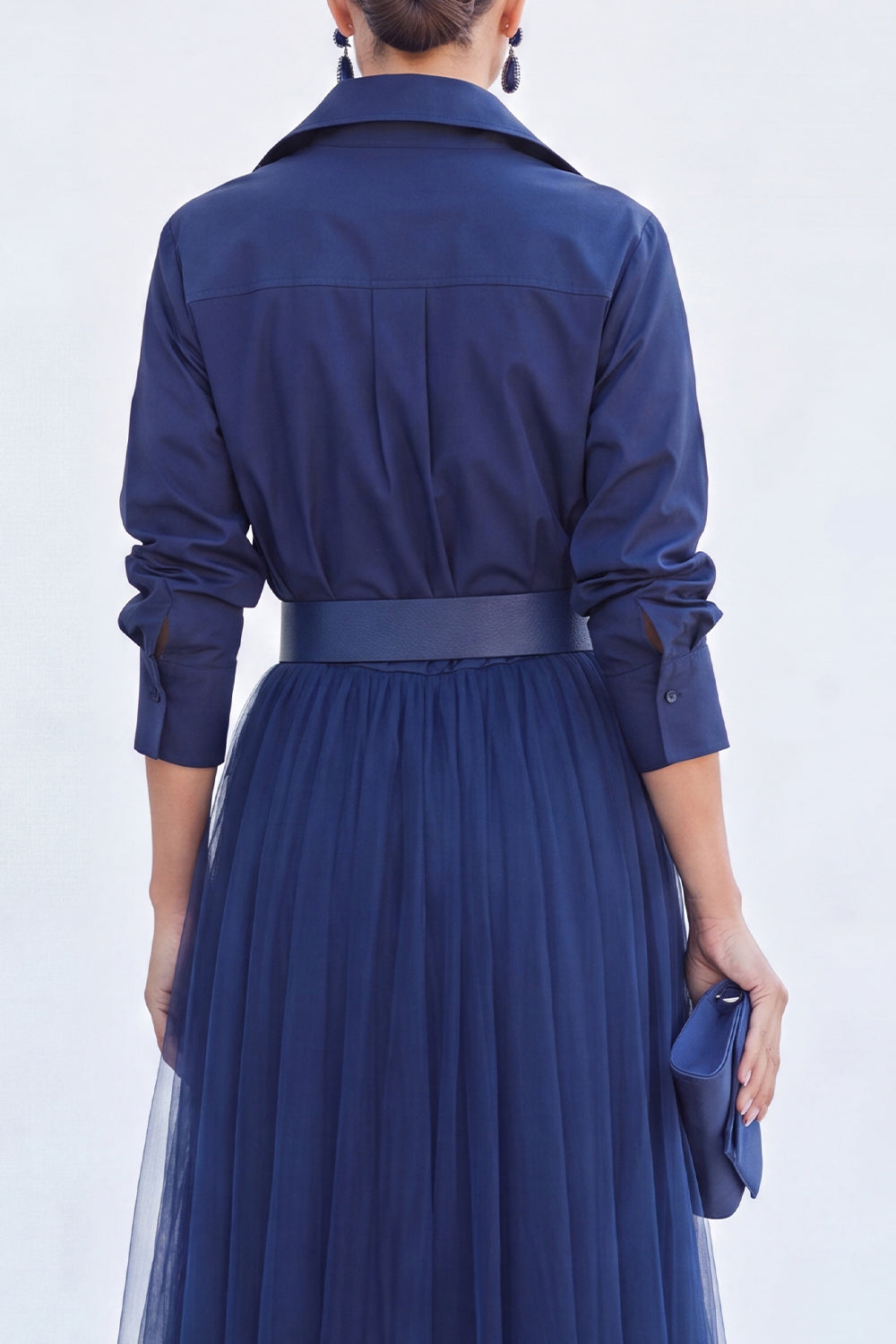 Grey Blue Tulle A Line Long Sleeves Mother of the Bride Dress with Belt
