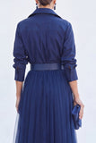 Grey Blue Tulle A Line Long Sleeves Mother of the Bride Dress with Belt