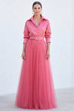 Grey Blue Tulle A Line Long Sleeves Mother of the Bride Dress with Belt
