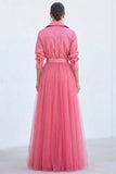 Grey Blue Tulle A Line Long Sleeves Mother of the Bride Dress with Belt