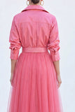 Grey Blue Tulle A Line Long Sleeves Mother of the Bride Dress with Belt