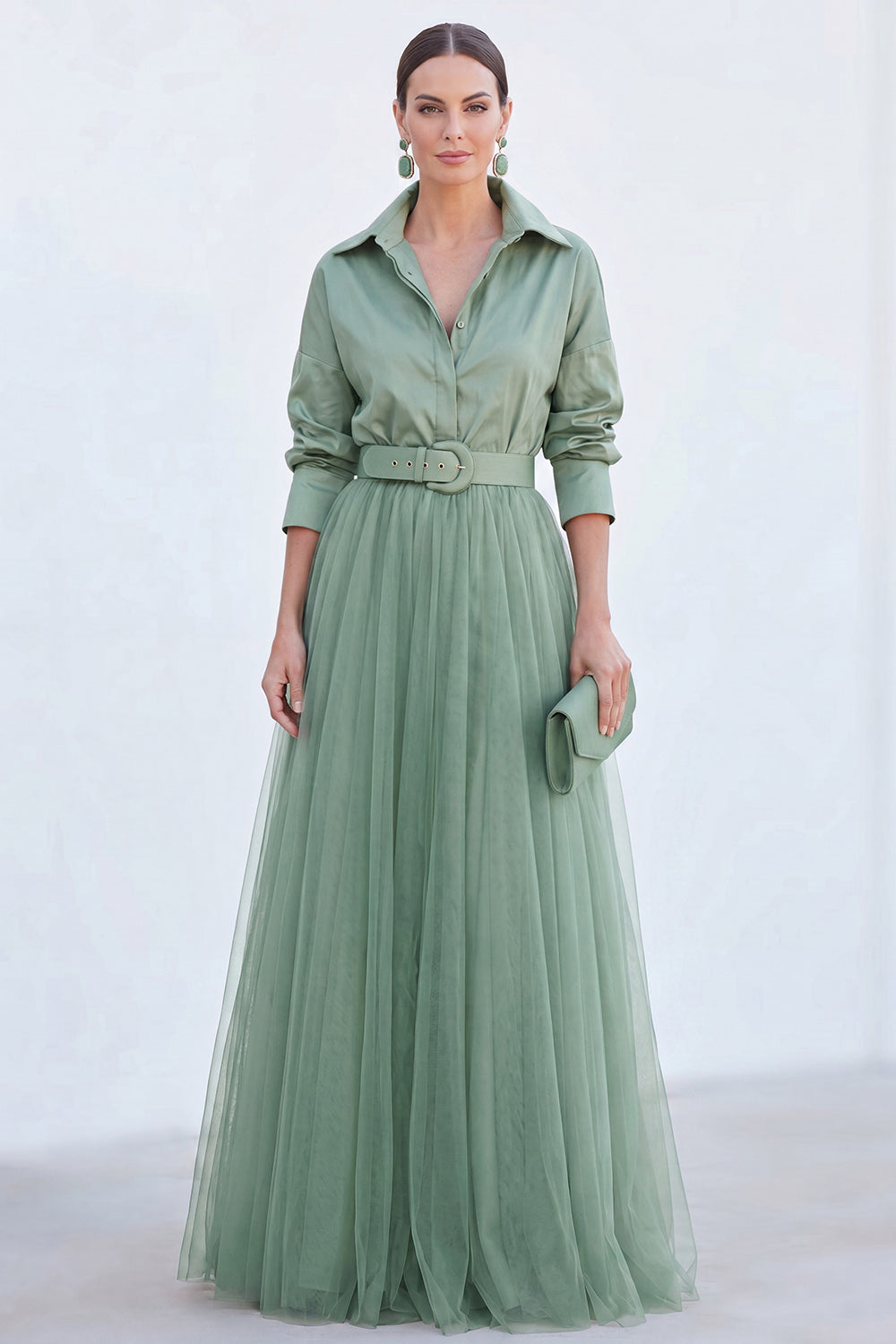 Grey Blue Tulle A Line Long Sleeves Mother of the Bride Dress with Belt
