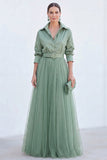 Grey Blue Tulle A Line Long Sleeves Mother of the Bride Dress with Belt