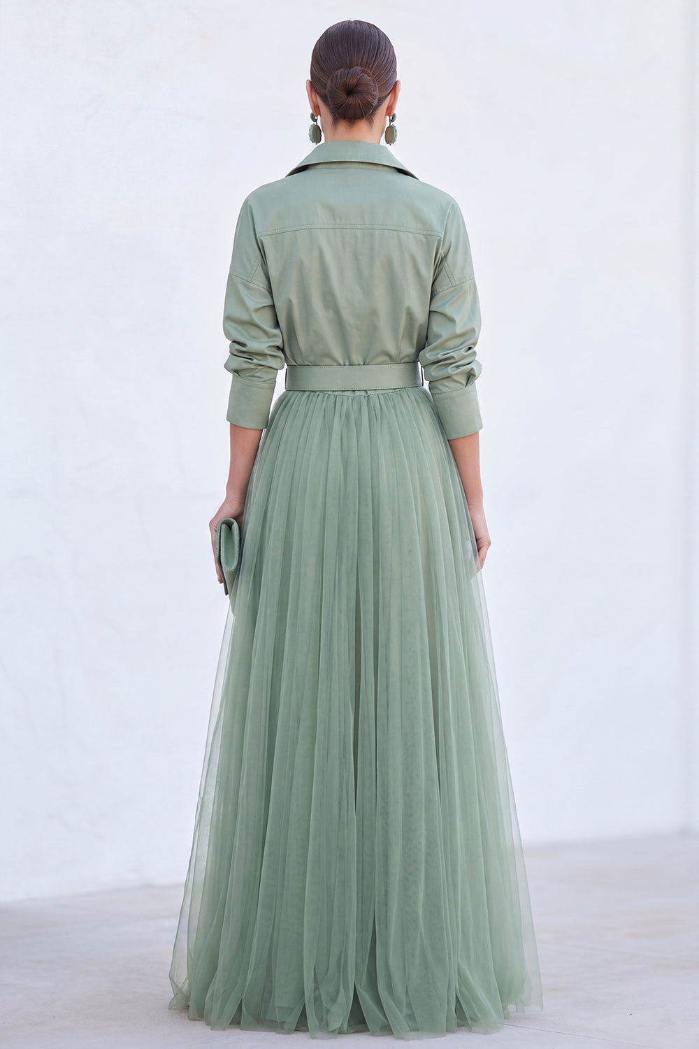Grey Blue Tulle A Line Long Sleeves Mother of the Bride Dress with Belt