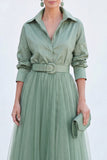 Grey Blue Tulle A Line Long Sleeves Mother of the Bride Dress with Belt