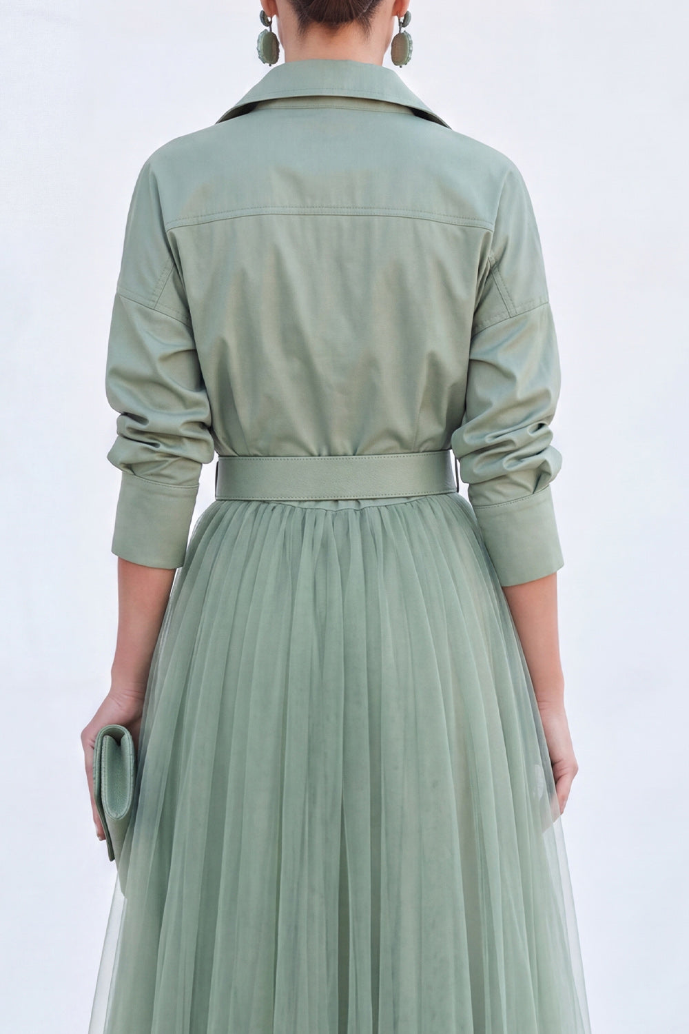 Grey Blue Tulle A Line Long Sleeves Mother of the Bride Dress with Belt