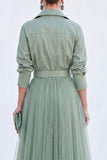Grey Blue Tulle A Line Long Sleeves Mother of the Bride Dress with Belt