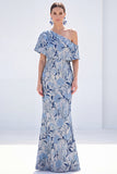 Yellow Floral One Shoulder Mermaid Long Mother of the Bride Dress