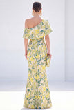 Yellow Floral One Shoulder Mermaid Long Mother of the Bride Dress