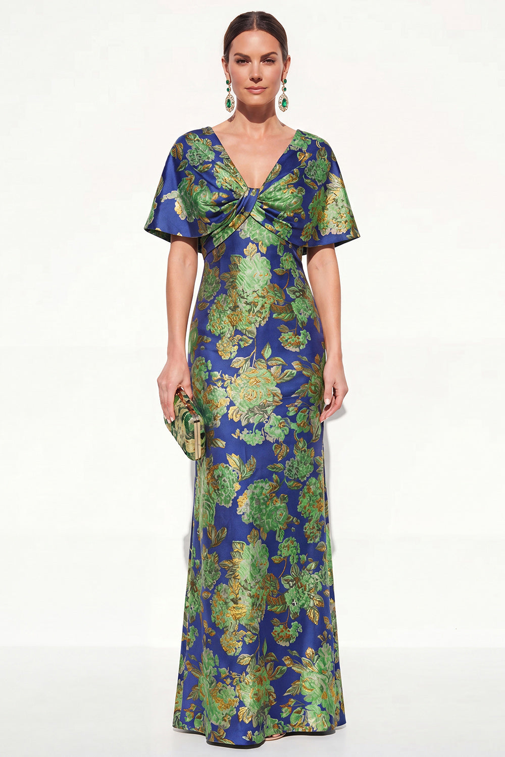 Floral Pink Blue V-Neck Long Mother of the Bride Dress with Sleeves