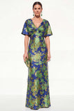 Floral Pink Blue V-Neck Long Mother of the Bride Dress with Sleeves